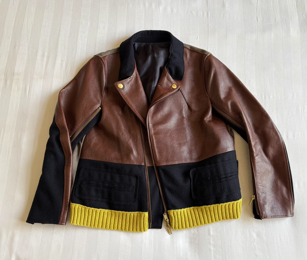 Undercover Zip Panel Leather Deconstructed Pleated Plaid Knit Jacket