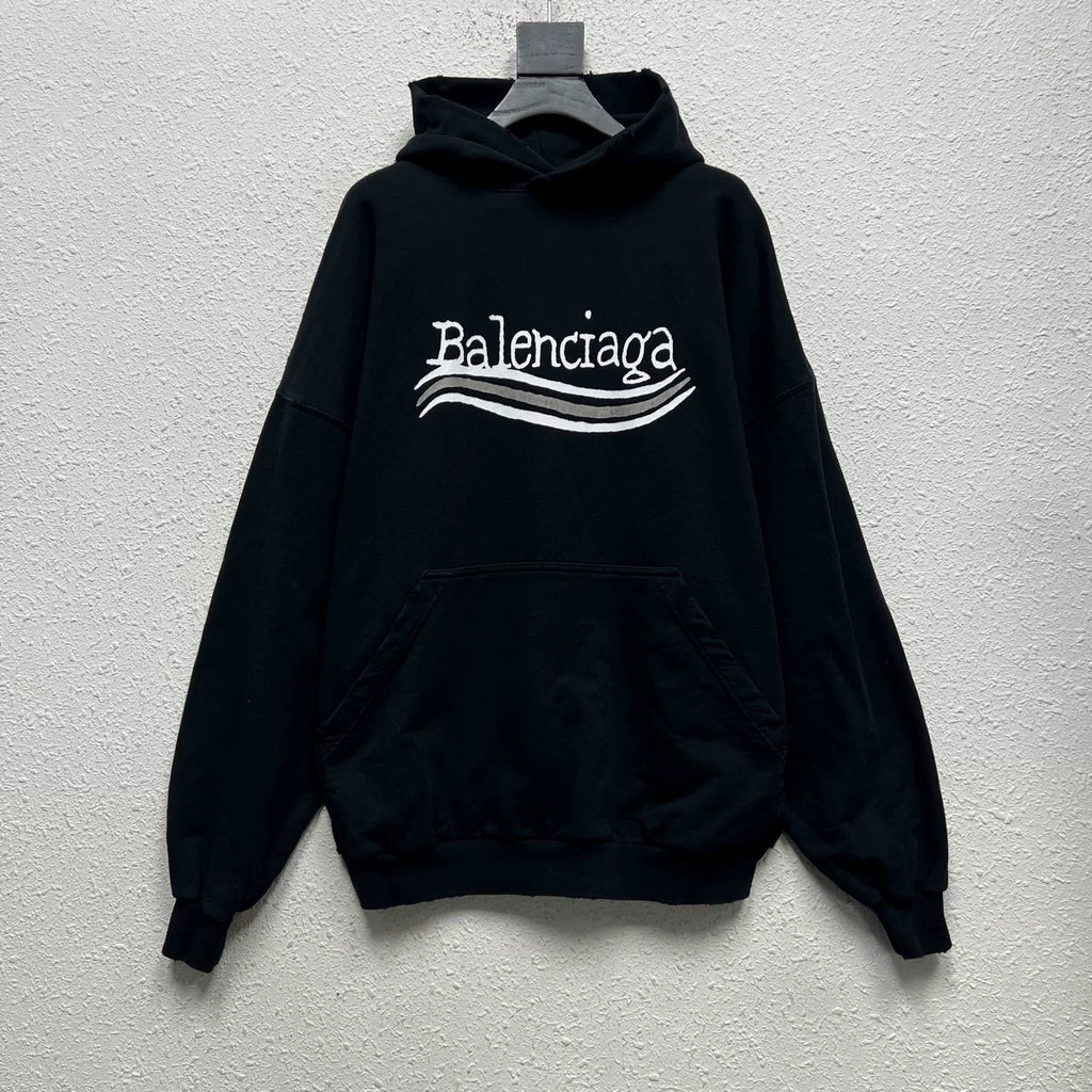 Balenciaga Black Color-Block Letter Logo Print Hooded Sweater