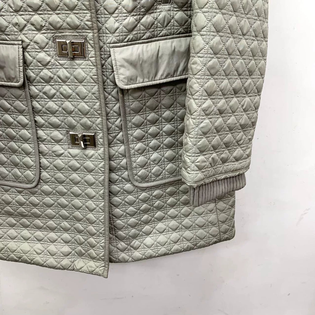 Dior Grey Diamond Quilted Hooded Fur Collar Silver Button Cotton Jacket
