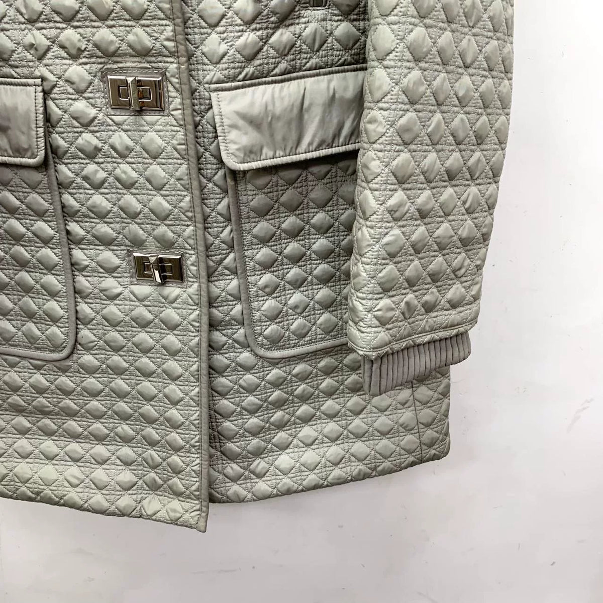 Dior Grey Diamond Quilted Hooded Fur Collar Silver Button Cotton Jacket
