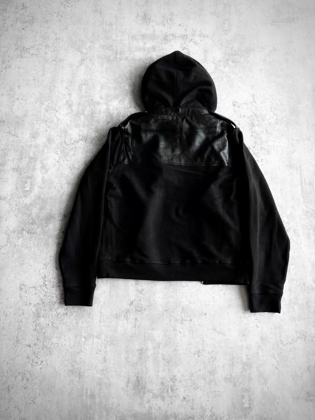Saint Laurent Paris AW19 Black Military Leather Panel Zip-Up Hooded Sweater