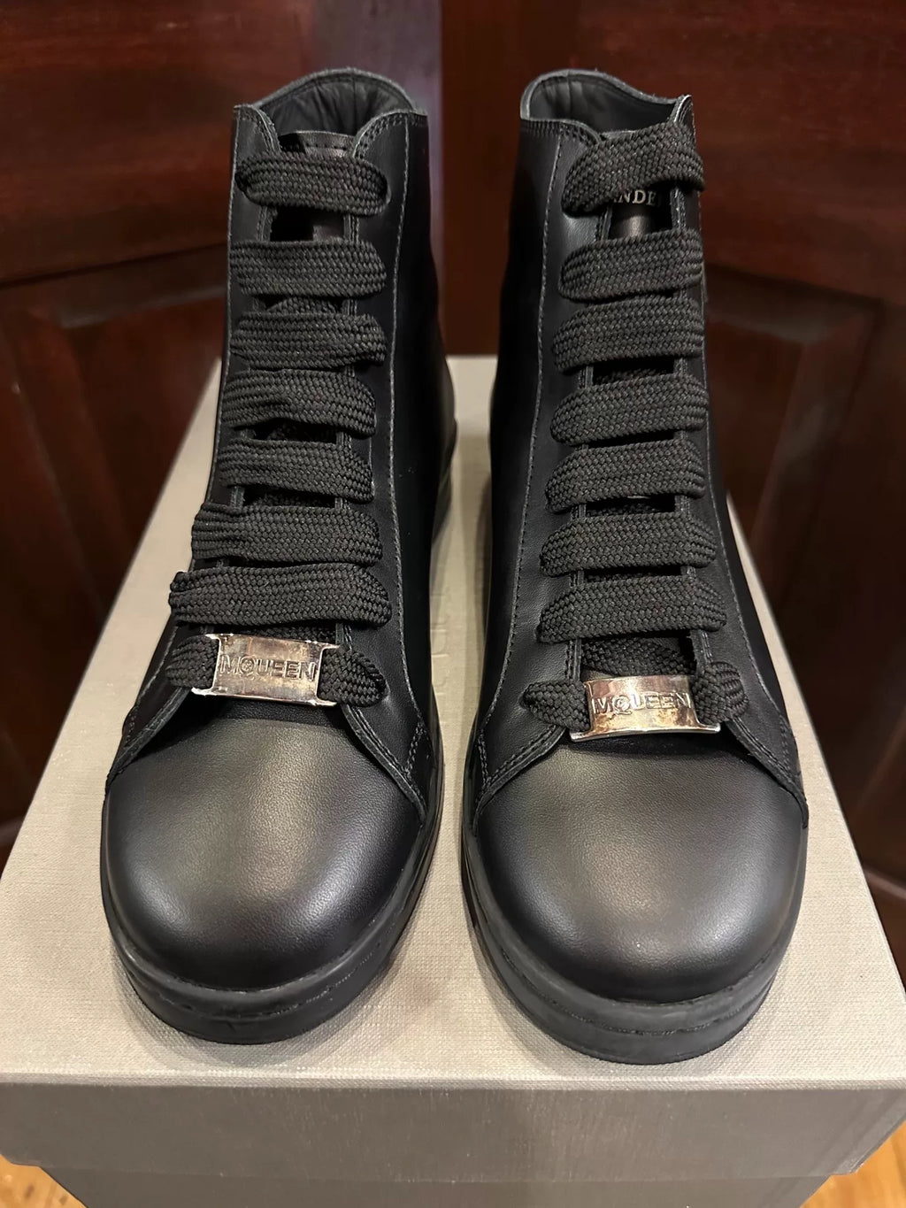 Alexander McQueen FW16 Black Skull Leather Mid-Top Sneakers