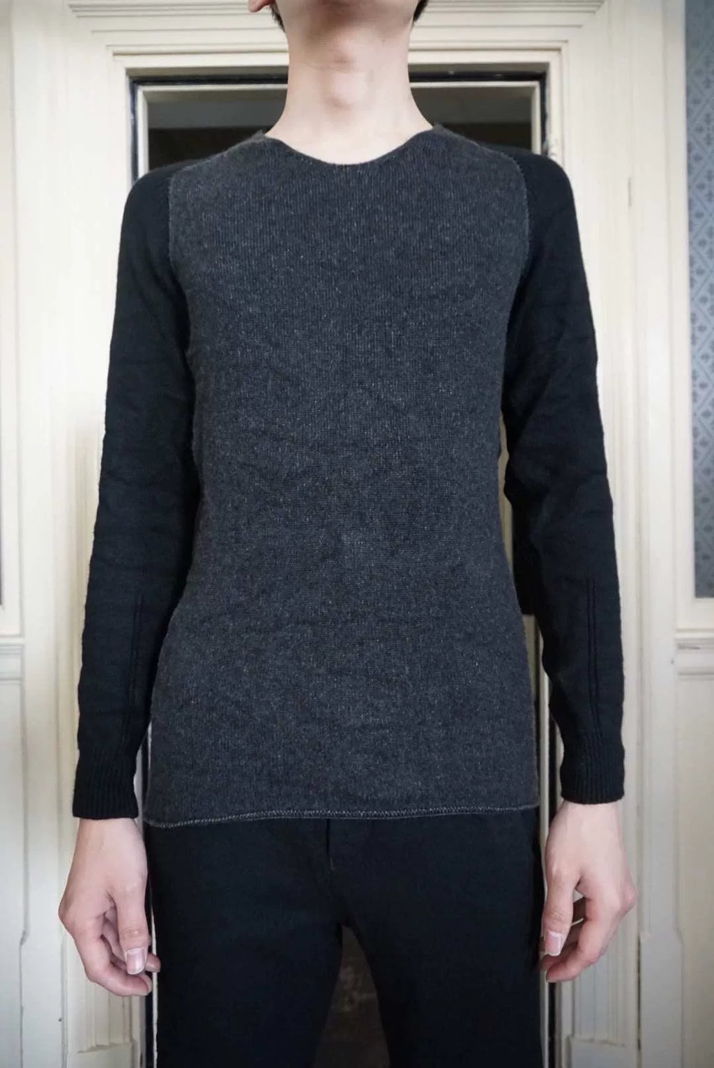 Layer-0 FW18 Grey Black Hand-Stitched Patchwork Cashmere Silk Sweater