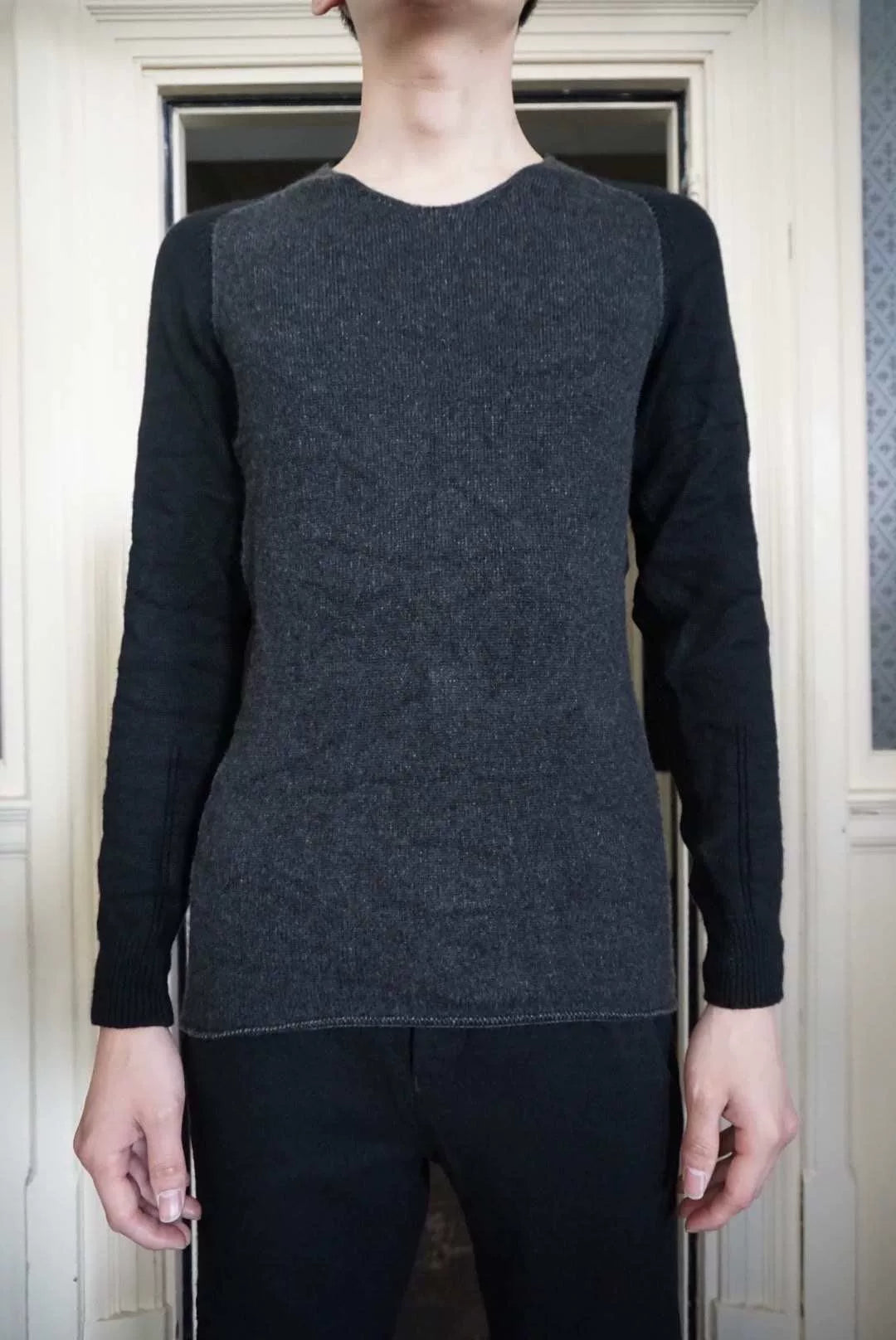 Layer-0 FW18 Grey Black Hand-Stitched Patchwork Cashmere Silk Sweater