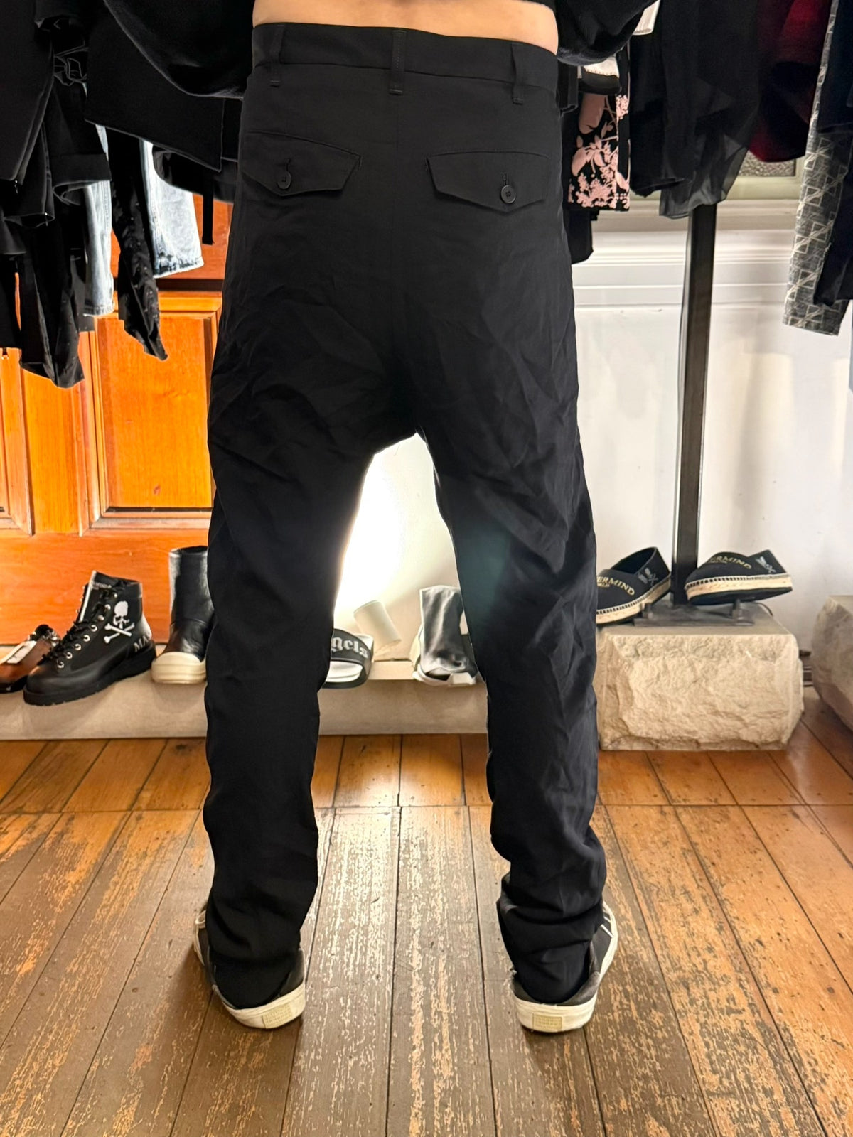 Julius FW16 Pre Black Drop-Crotch Wool Viscose Trousers