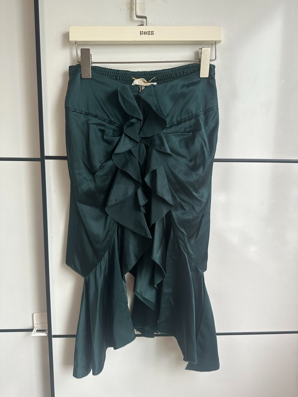 Saint Laurent Dark Green Silk Fringe Skirt
