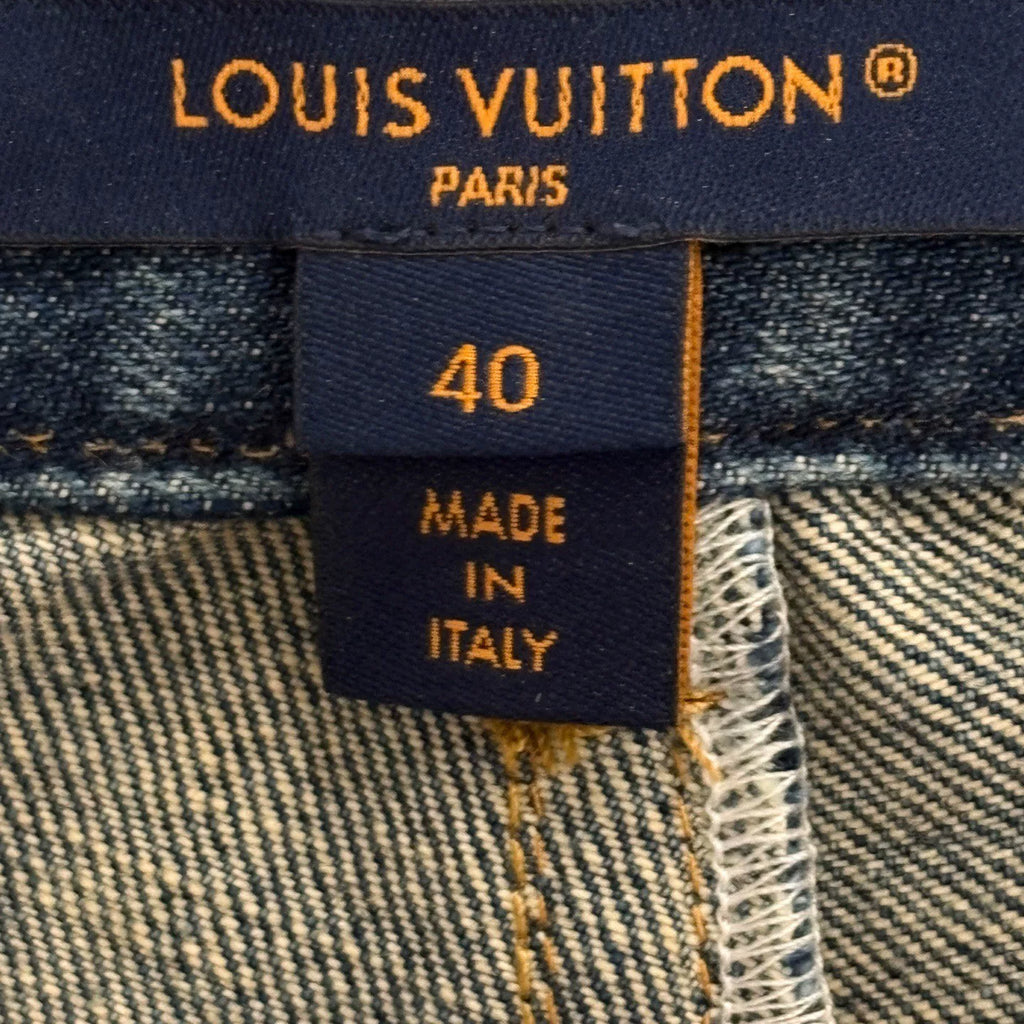 Louis Vuitton Blue Raw Edge Monogram Leather Patch Denim Shorts
