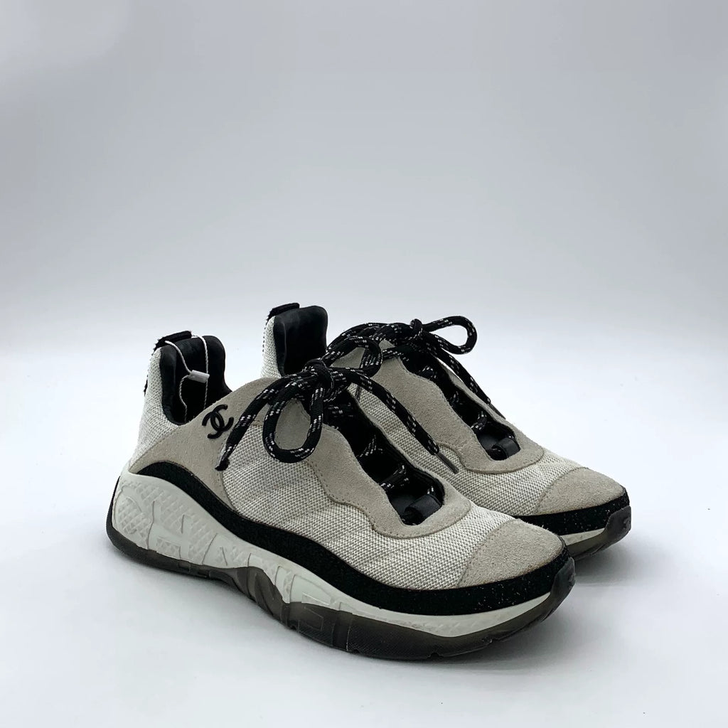 Chanel Grey Diamond-Quilted Double C Lace-Up Sneakers