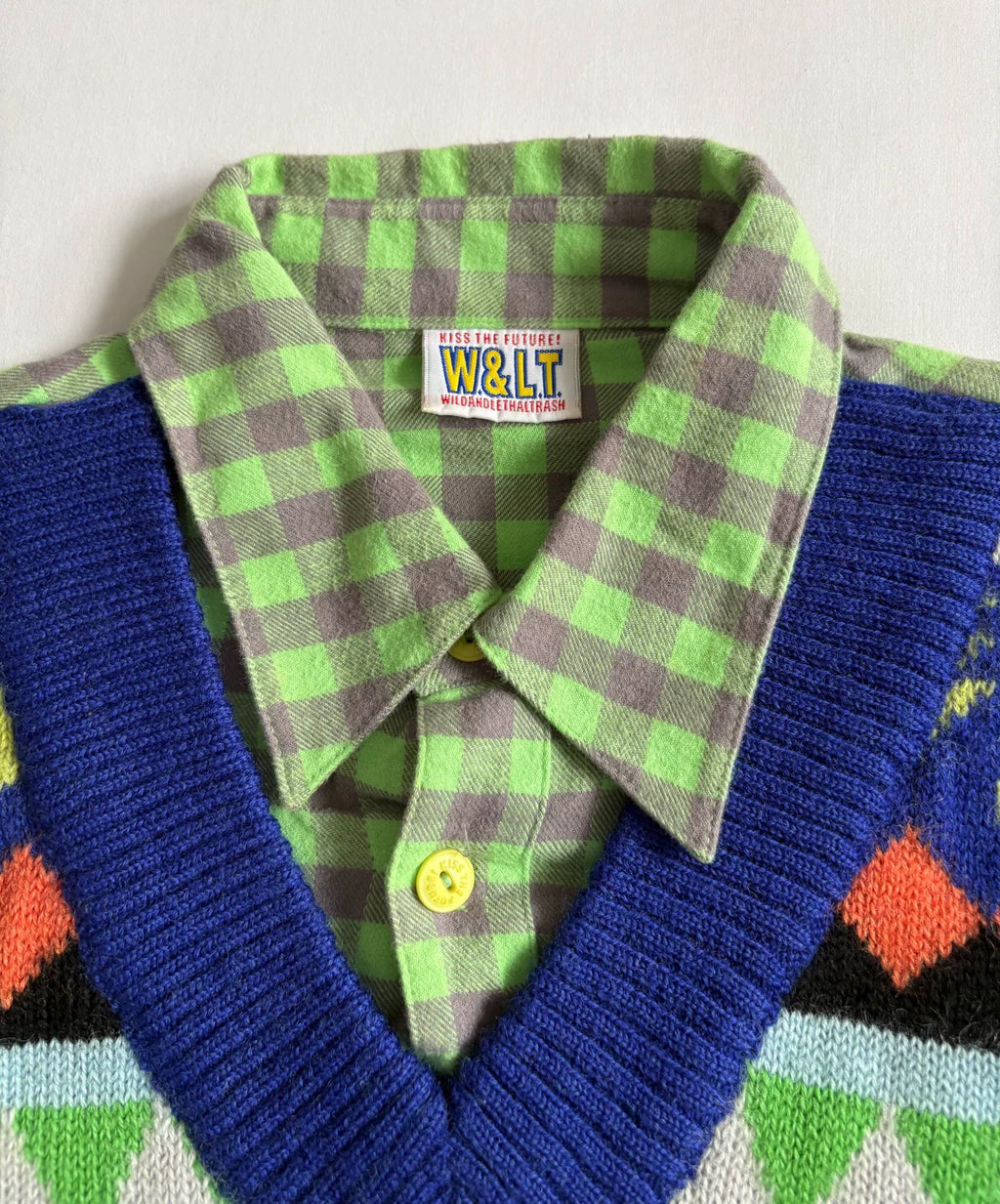 Walter Van Beirendonck W&LT Green Plaid Knit Panel Shirt