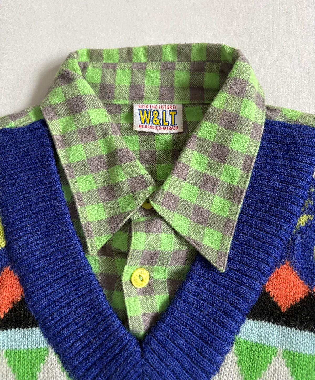 Walter Van Beirendonck W&LT Green Plaid Knit Panel Shirt