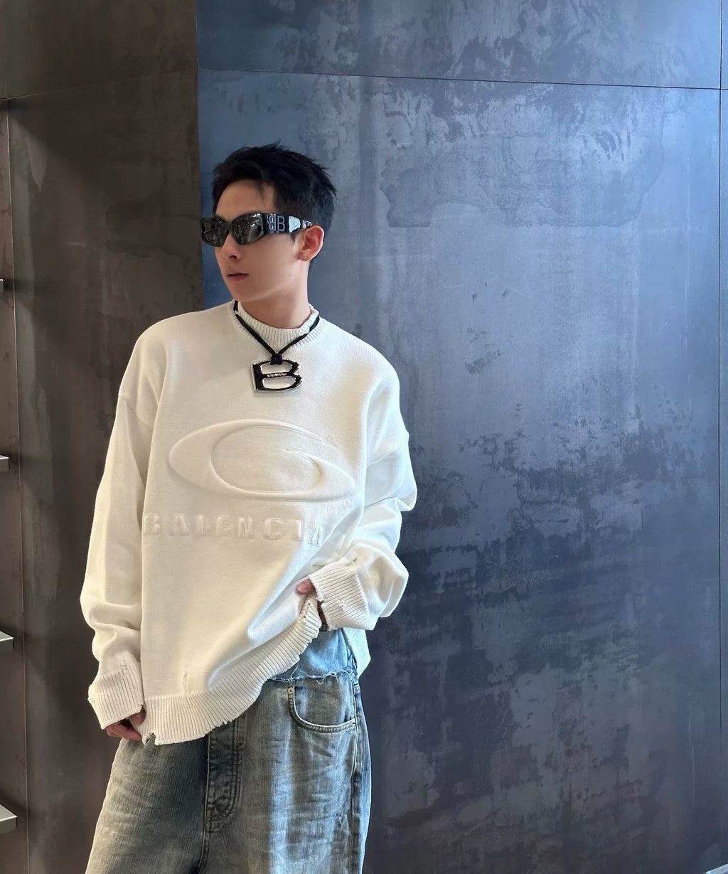 Balenciaga Embroidered Distressed Crew Neck Sweater