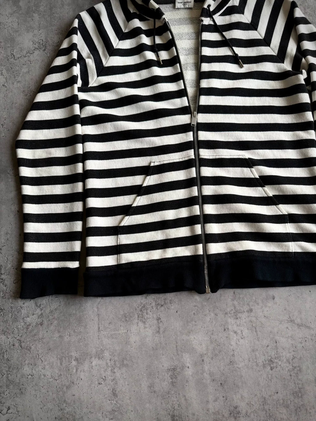 Saint Laurent Paris AW15 Black White Striped Zip-Up Hooded Sweater by Hedi Slimane
