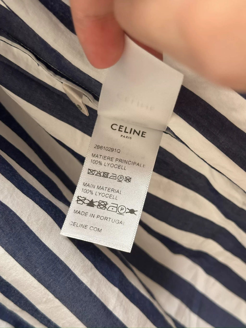 Celine Arc de Triomphe Logo Blue White Stripe Short Sleeve Shirt