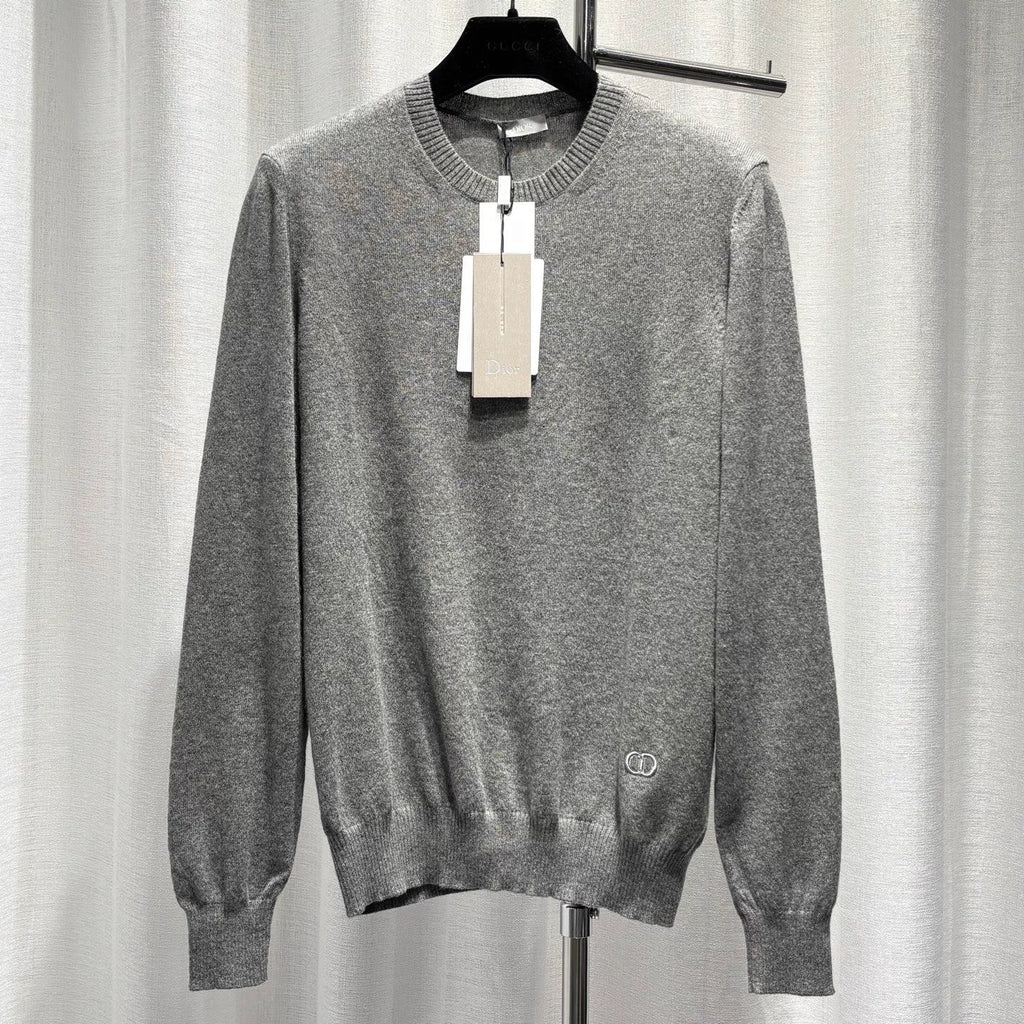 Dior Dark Grey CD Letter Embroidered Logo Ribbed Collar Cashmere Sweater
