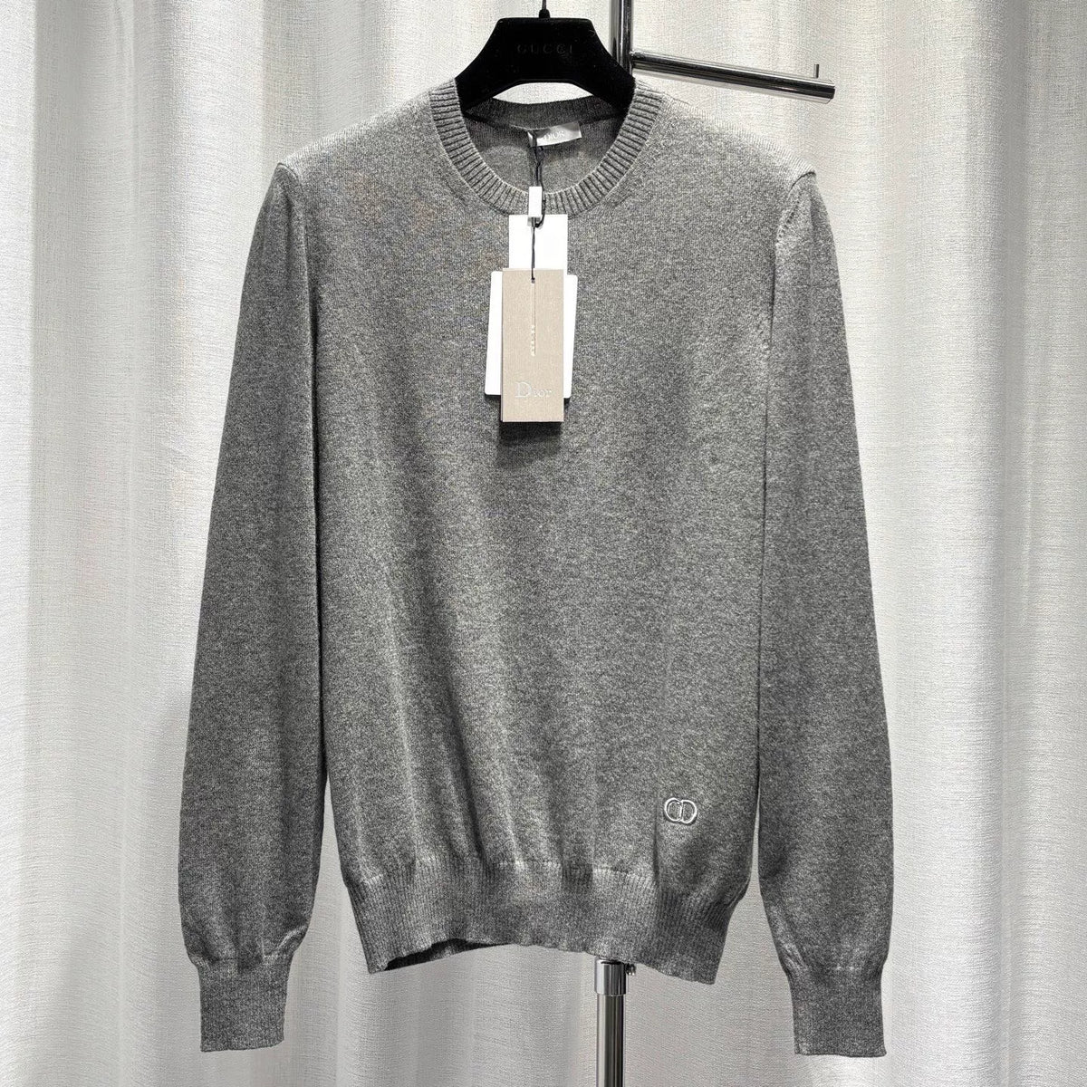 Dior Dark Grey CD Letter Embroidered Logo Ribbed Collar Cashmere Sweater