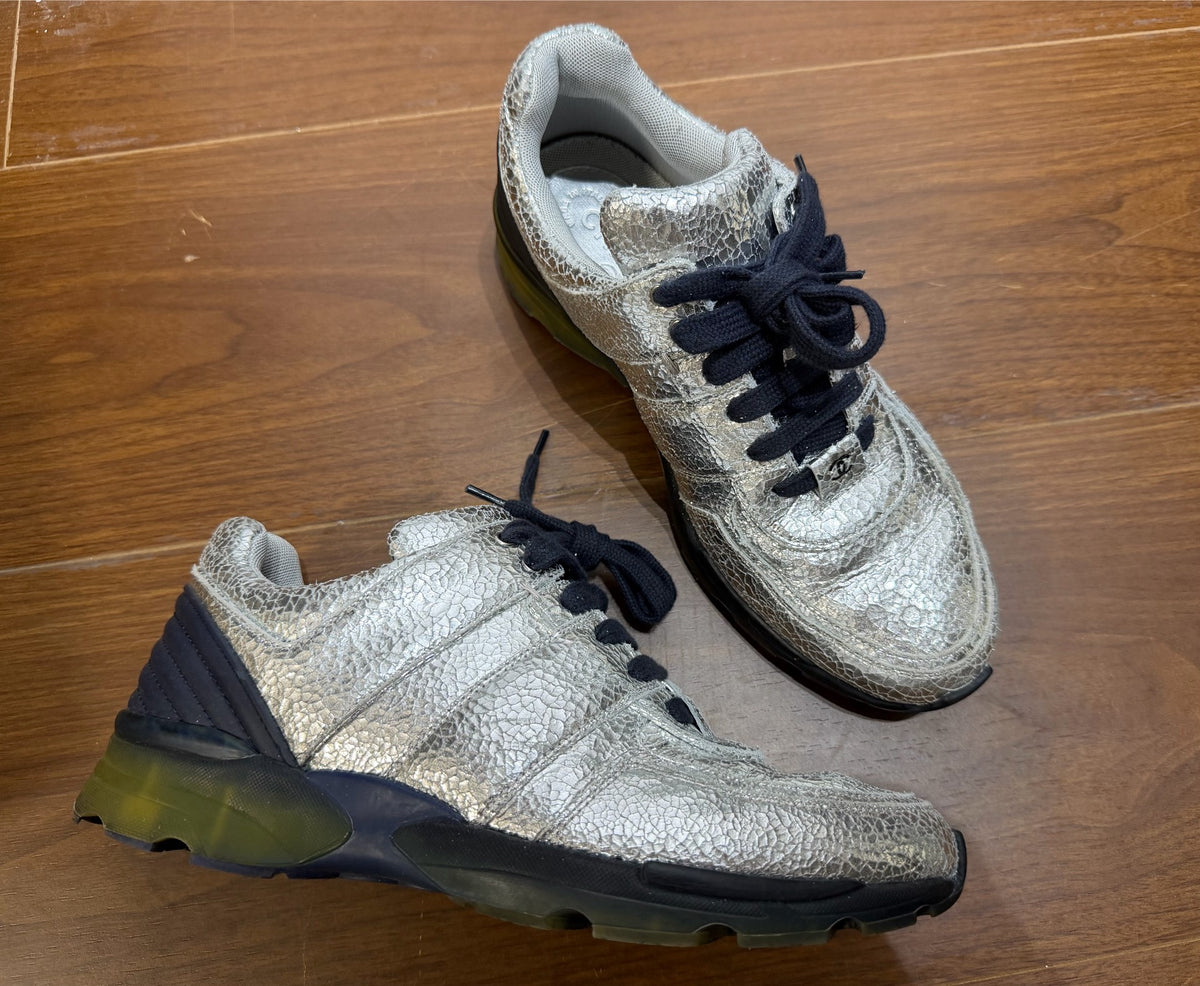 Chanel Silver Crinkle Leather Sneakers