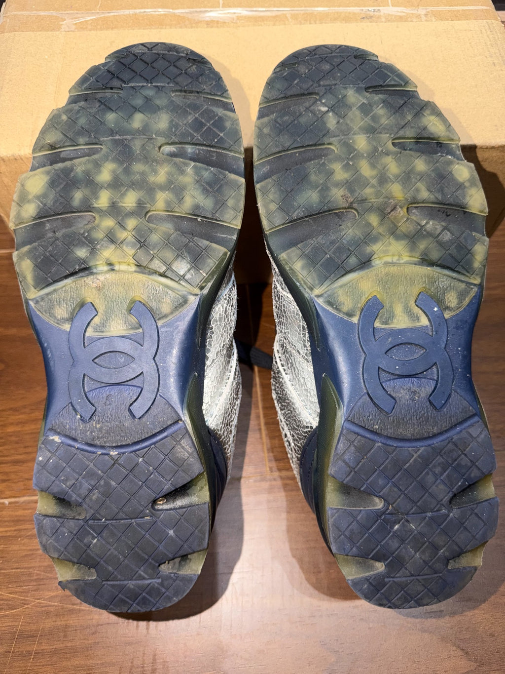 Chanel Silver Crinkle Leather Sneakers