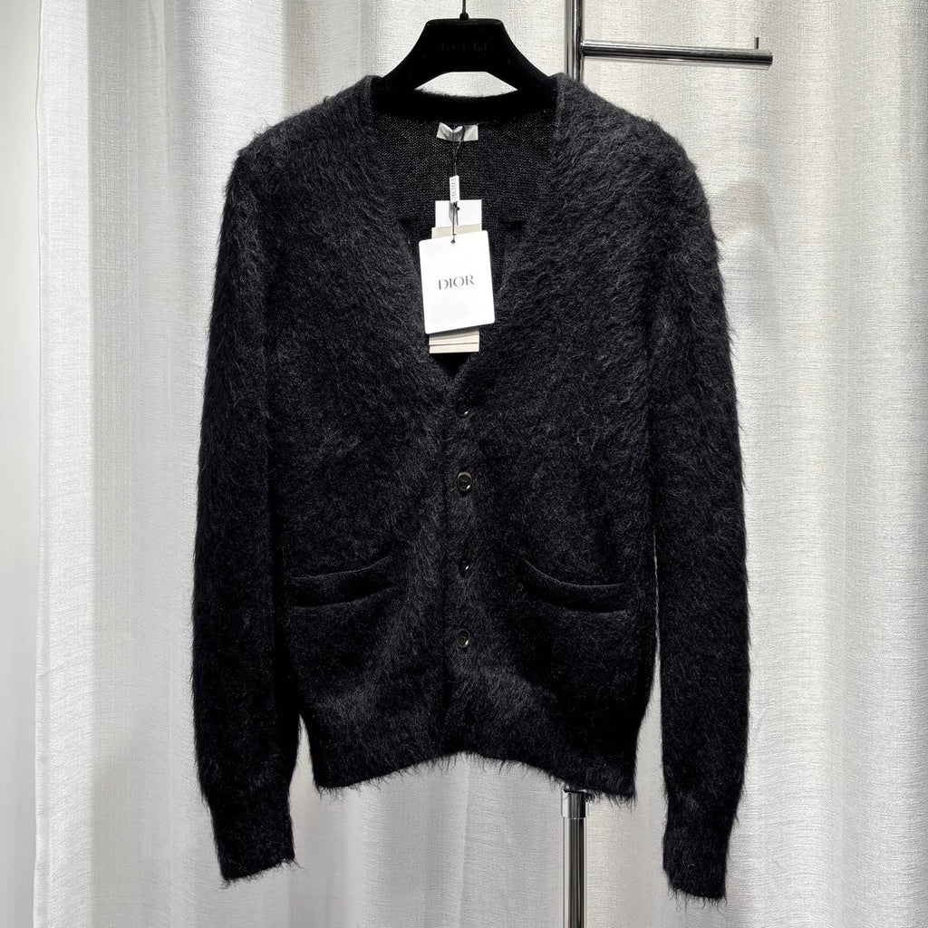Dior Black Mohair Nylon Wool Blend Lettered Embroidered Button-Front V-Neck Cardigan