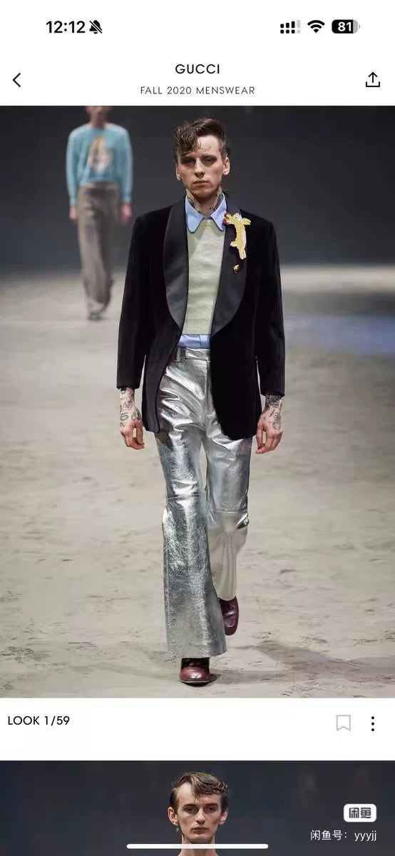 Gucci AW20 Runway Silver Leather Flare Trousers