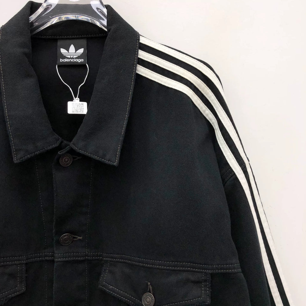 Balenciaga × Adidas Black Side Stripe Cotton Collared Single-Button Denim Jacket