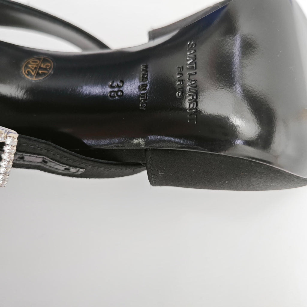 Saint Laurent Black Crystal Buckle Satin Heels