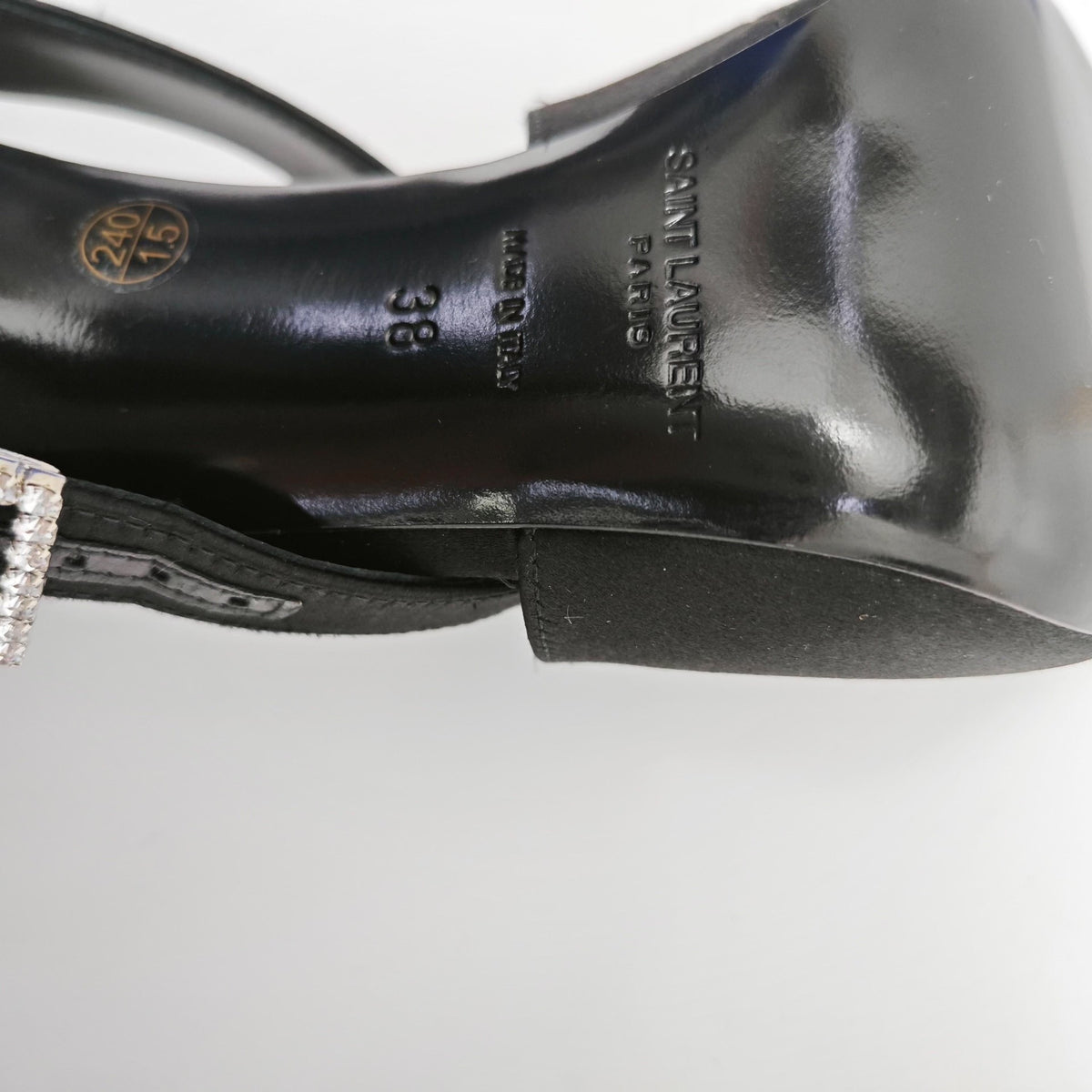 Saint Laurent Black Crystal Buckle Satin Heels