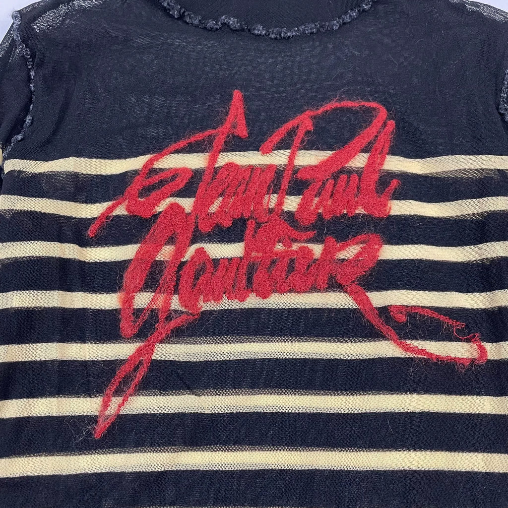 2001 Fall/Winter Jean Paul Gaultier Striped Elastic Mesh Turtleneck Long-Sleeve T-Shirt