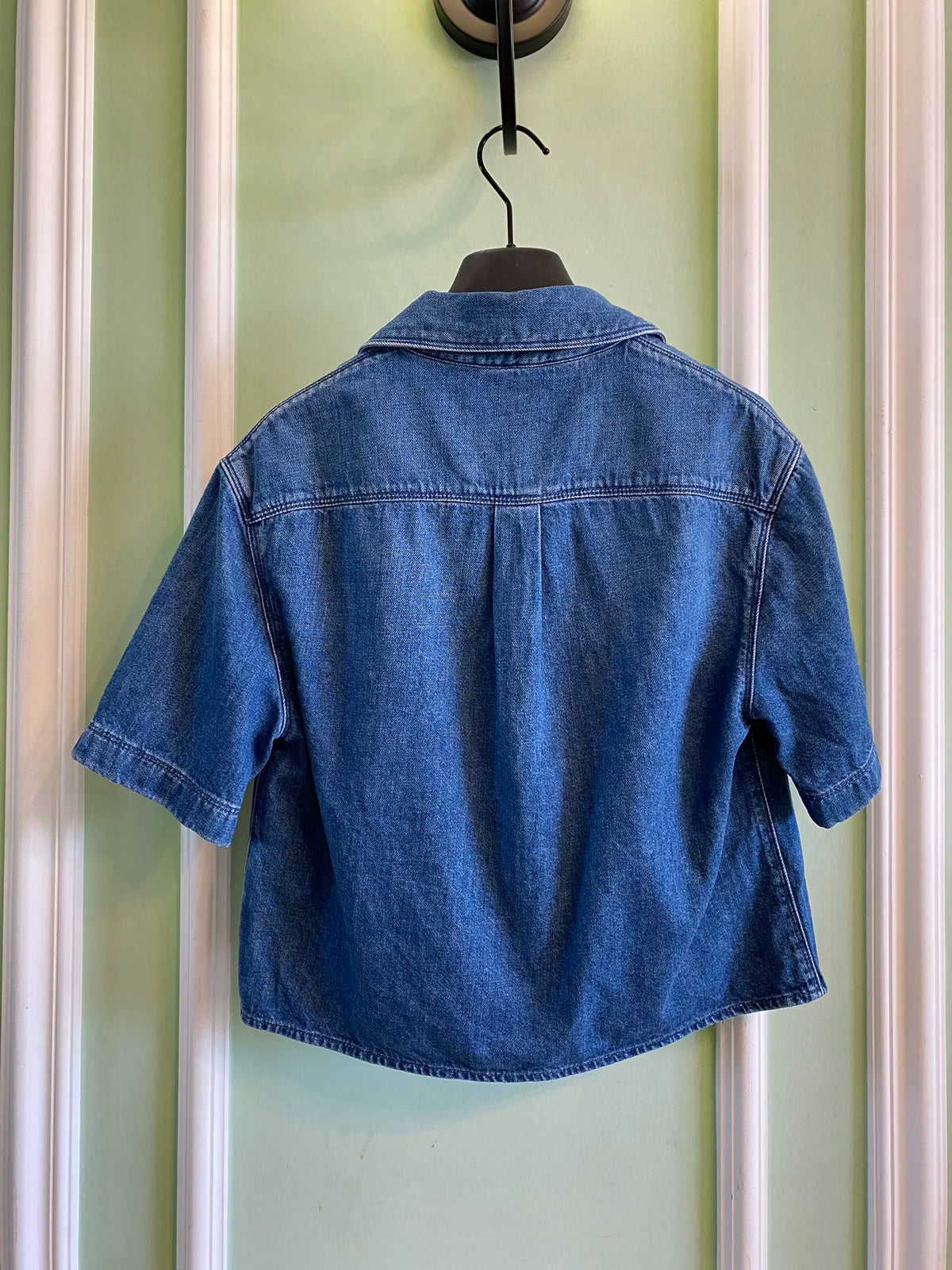 Loewe Embroidered Four-Leaf Clover Logo Denim Short Sleeve Shirt