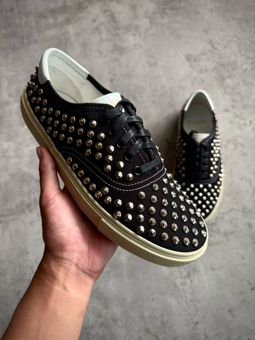 Saint Laurent Paris 15SS Black Studded Canvas Low-Top Sneakers by Hedi Slimane