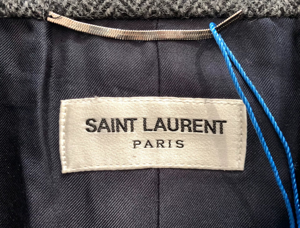 Saint Laurent FW14 Grey Herringbone Lambskin Elbow Patch Blazer