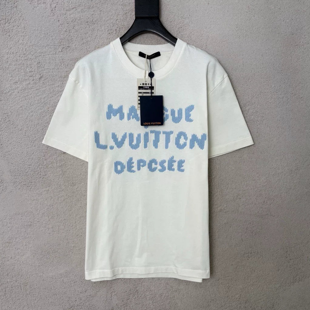 Louis Vuitton LV new embroidered logo blue slogan short-sleeve shirt