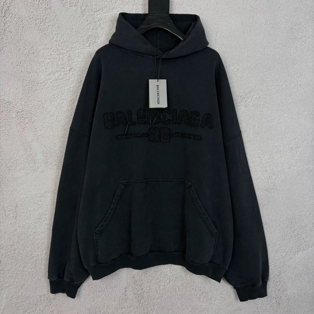 Balenciaga Black Distressed Wash Appliqué Logo Hooded Sweater