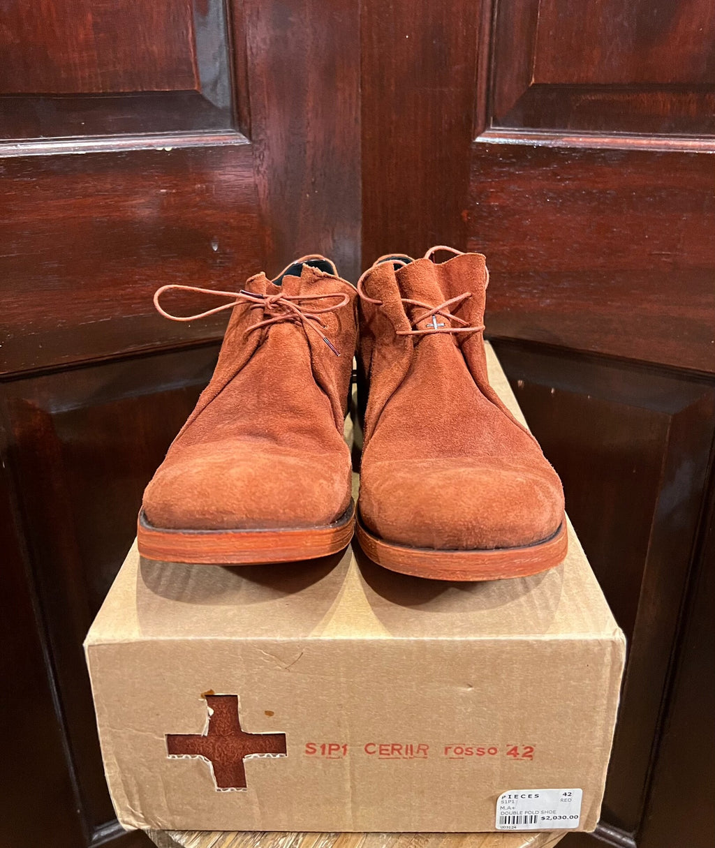 M.A+ Rosso Double Fold Coral Red Suede Derby Shoes