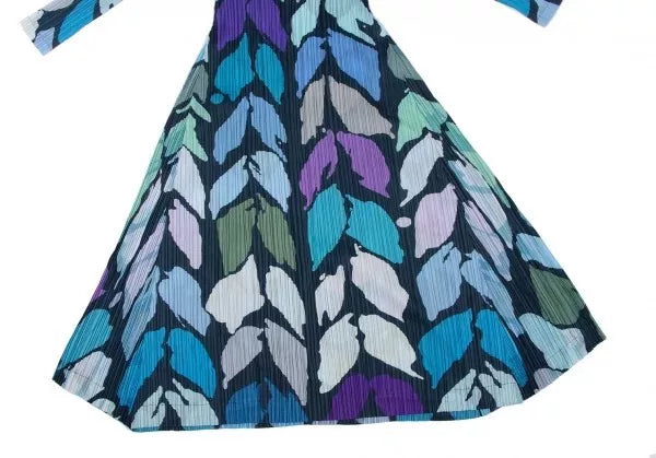 Issey Miyake Vintage Blue Green Leaf Print Pleated Dress