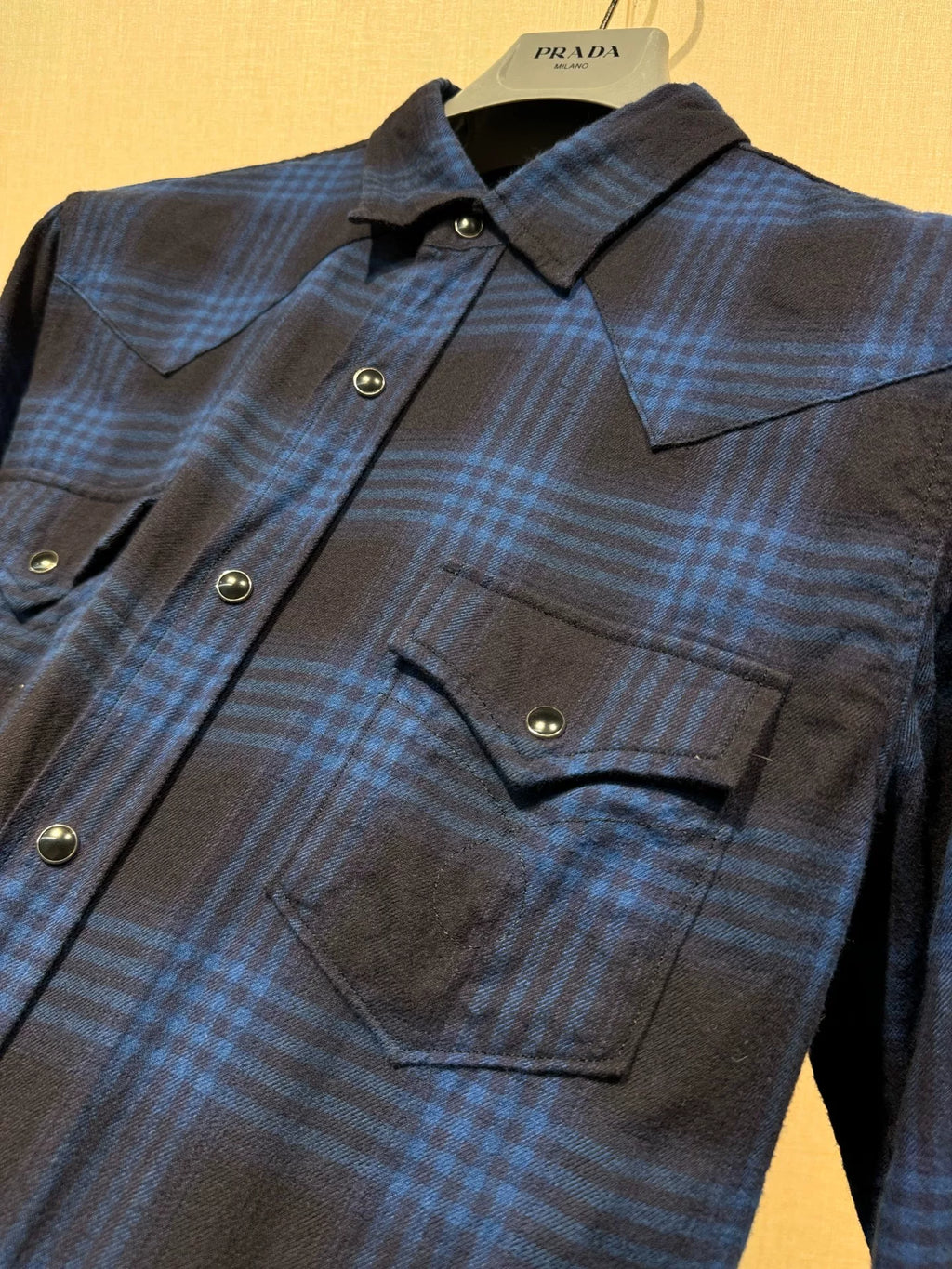Saint Laurent Navy Blue Plaid Black Button-Down Flannel Shirt