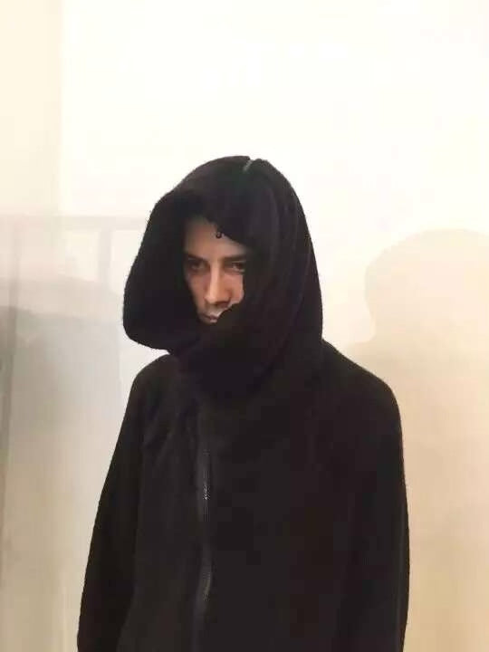 Julius FW16 Black Diagonal Zip Collared Long Hooded Beast Mixed Fiber Coat