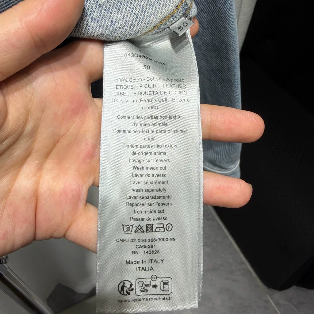 Dior Long Sleeve Denim Lapel Leather Patch Patch Button-Front Light Blue Jacket