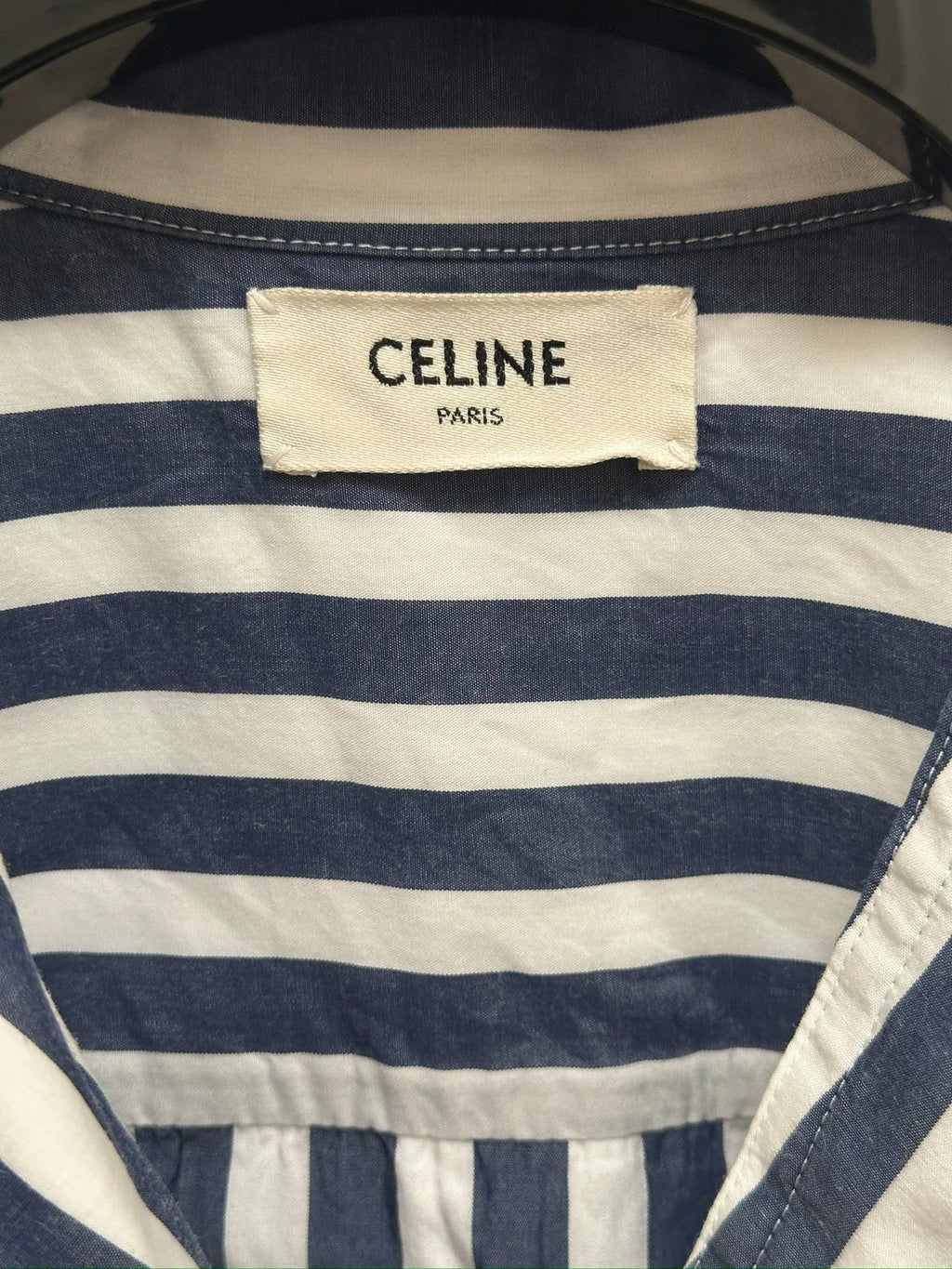Celine Arc de Triomphe Logo Blue White Stripe Short Sleeve Shirt