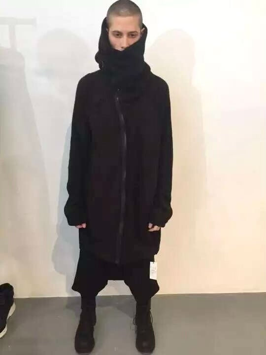 Julius FW16 Black Diagonal Zip Collared Long Hooded Beast Mixed Fiber Coat