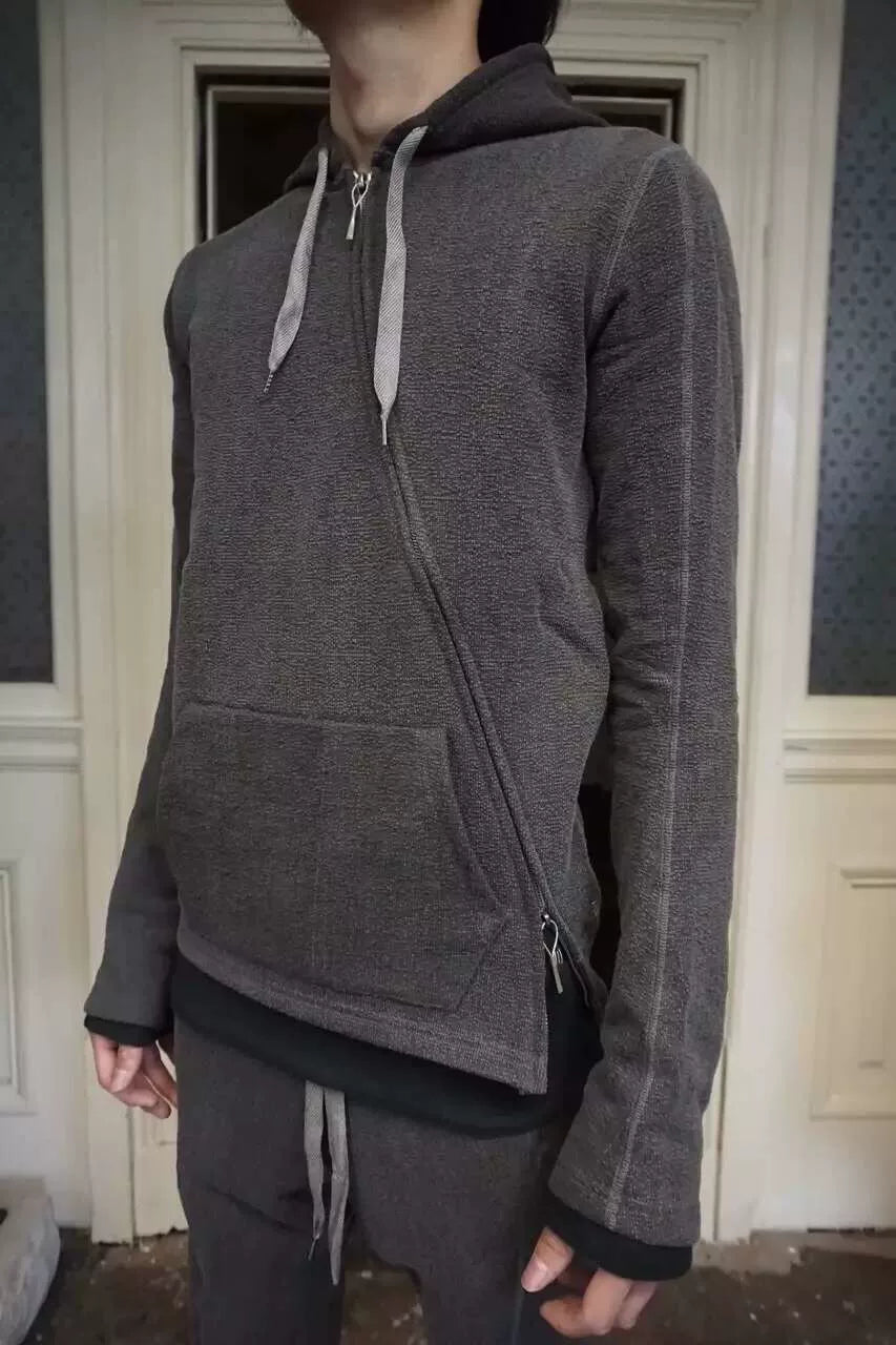 Taichi Murakami Grey Diagonal Zip-Up Cotton Hooded Sweater