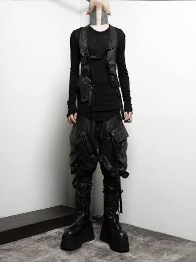 Julius_7 Distressed Denim Gun Holster Vest / Shell Vest