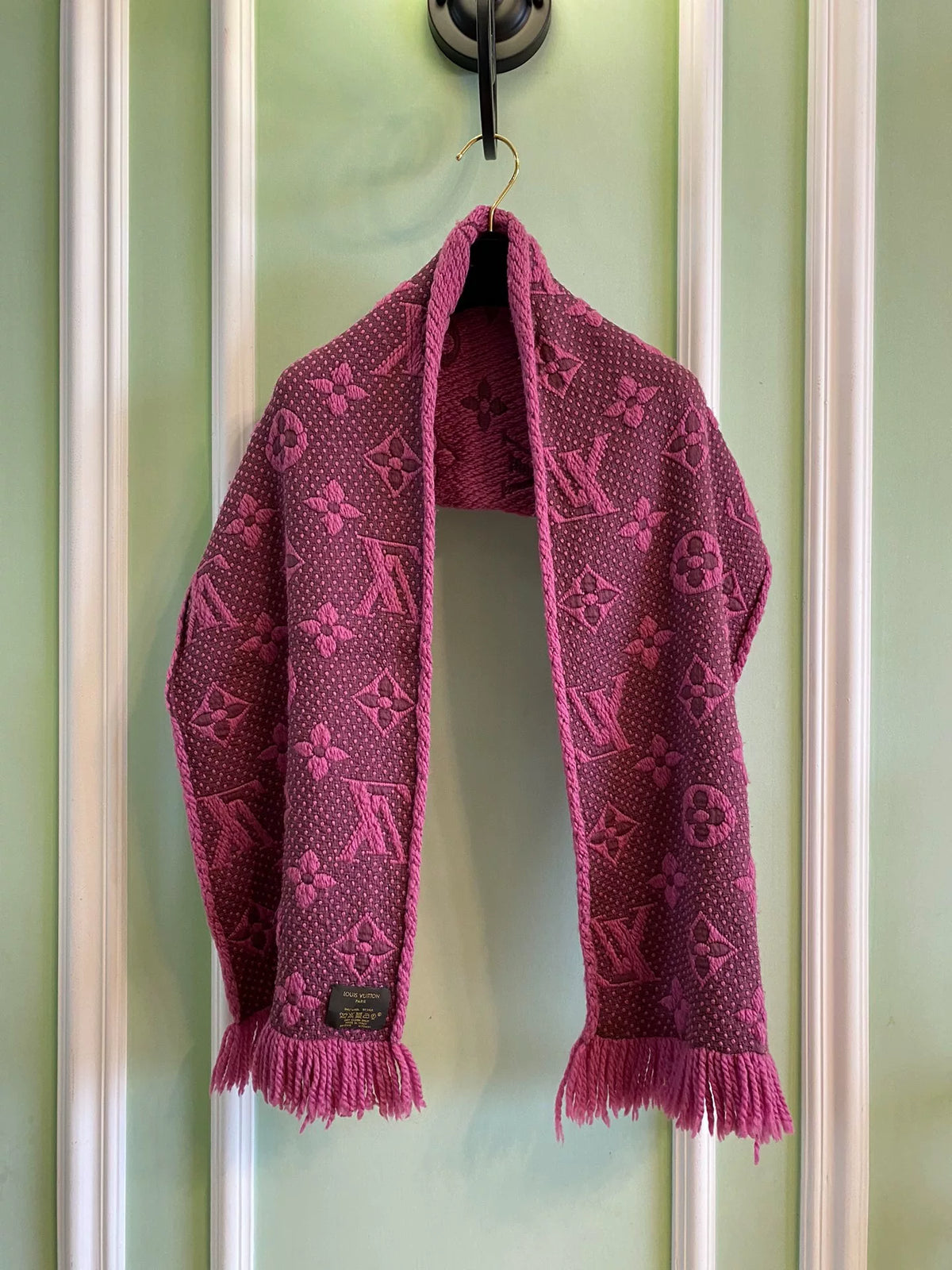 Louis Vuitton Pink Monogram Wool Silk Fringe Scarf