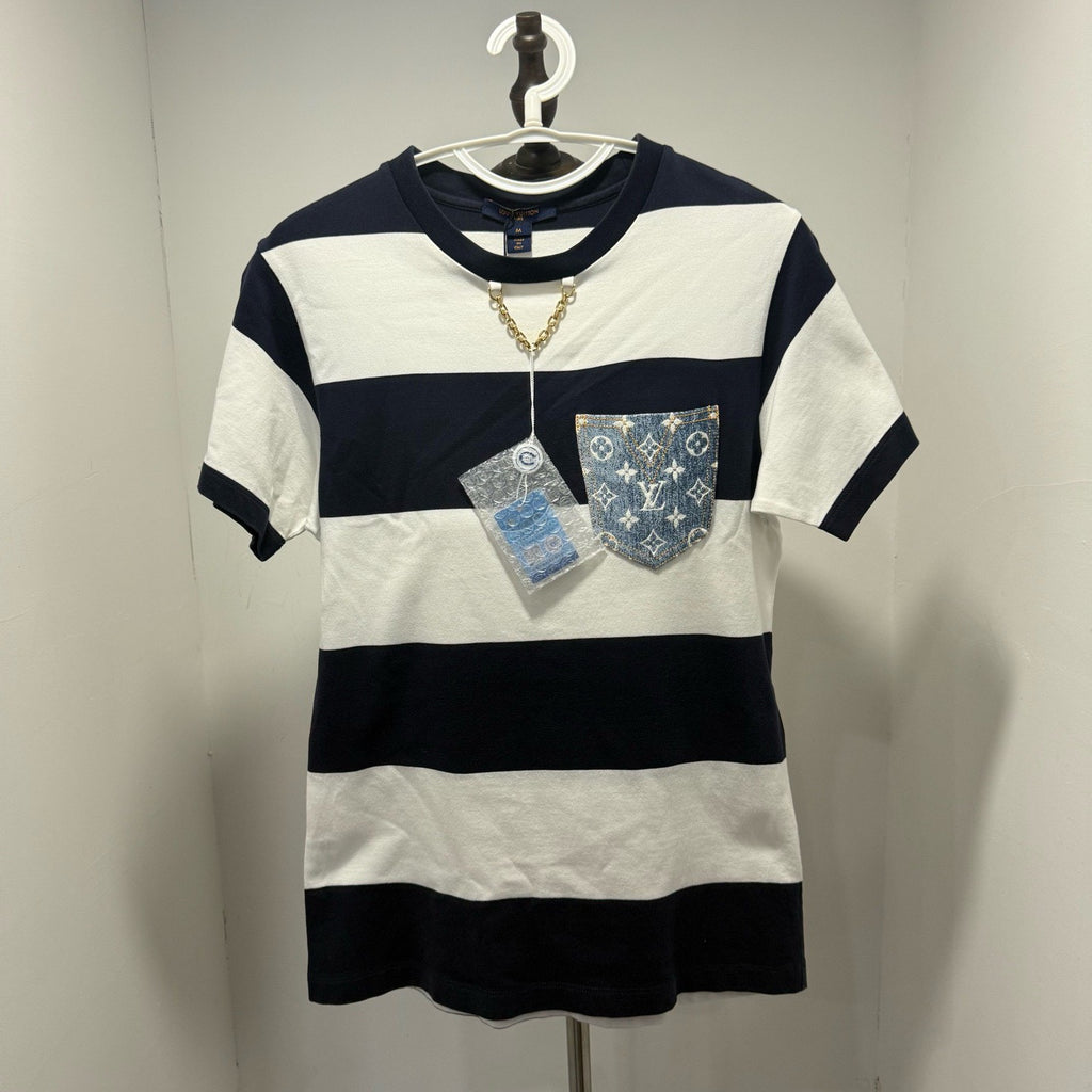 Louis Vuitton Striped All-Over Print Denim Color-Block Short Sleeve Shirt