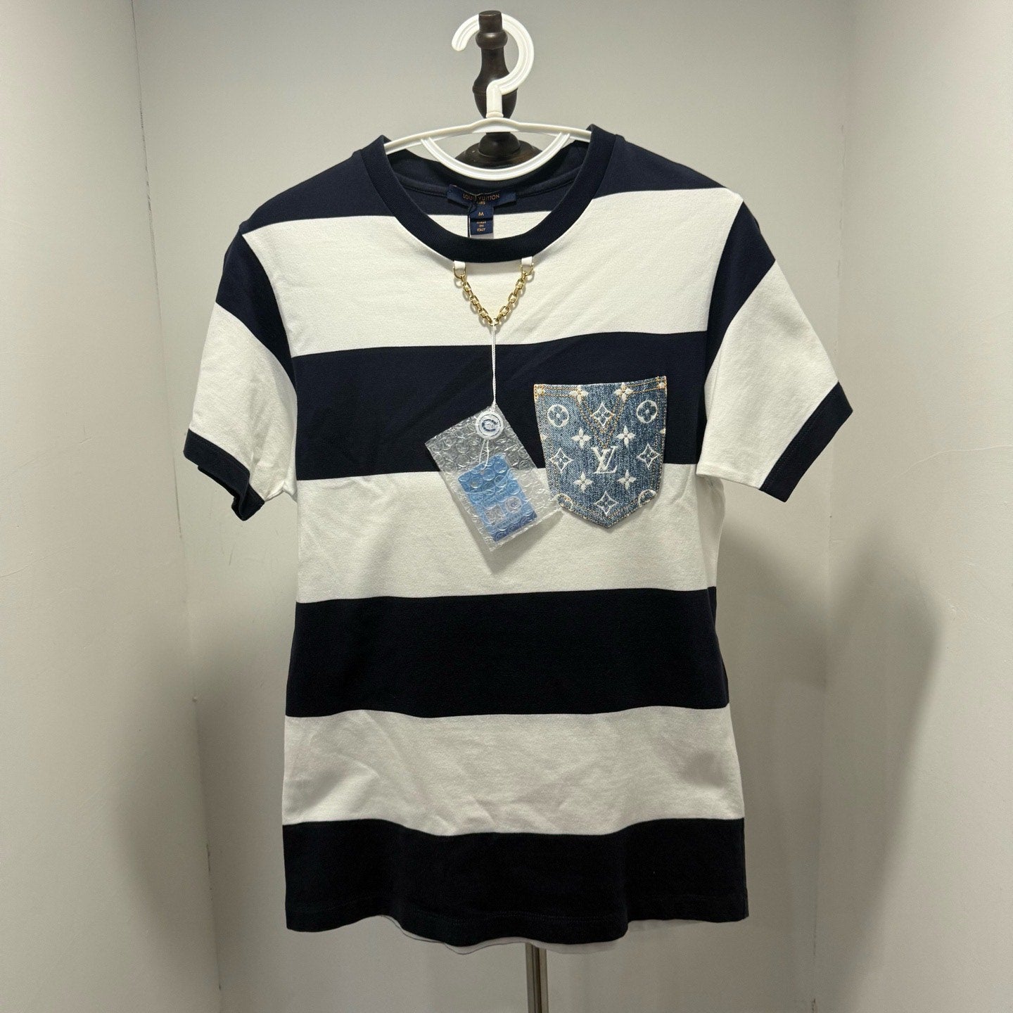 Louis Vuitton Striped All-Over Print Denim Color-Block Short Sleeve Shirt