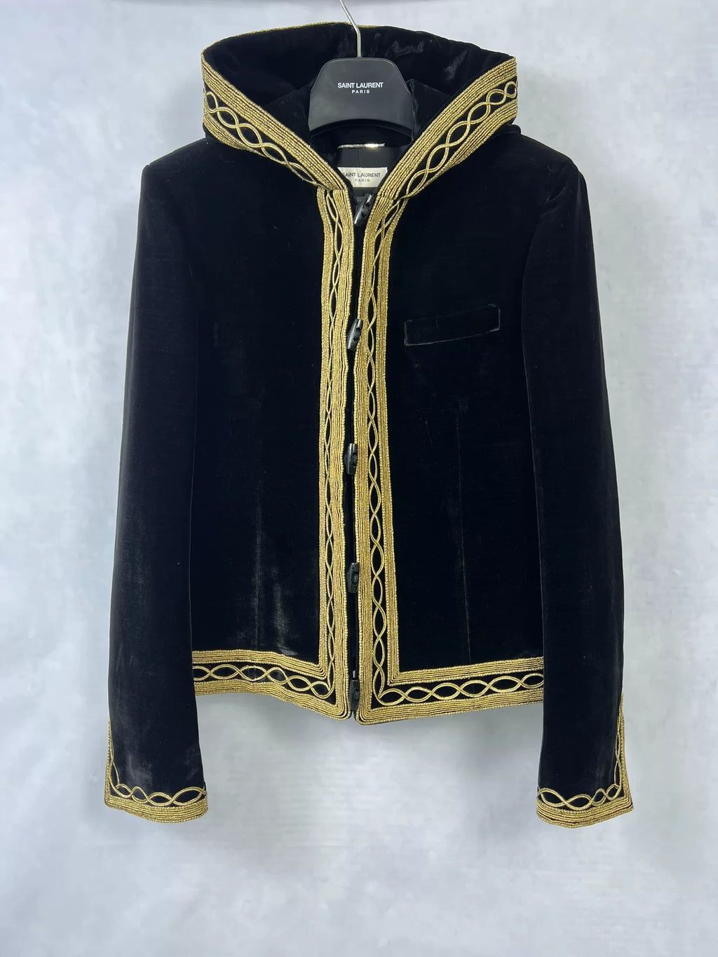 Saint Laurent 18FW Black Velvet Gold Embroidered Court Hooded Jacket