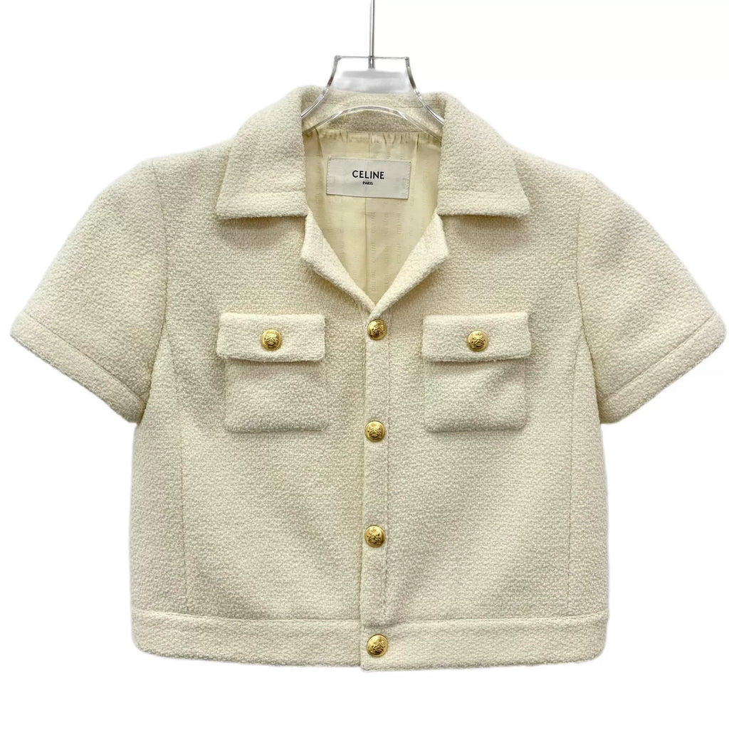 Celine Beige Gold-Button Wool Collared Single-Breasted Short Sleeve Boucle Jacket