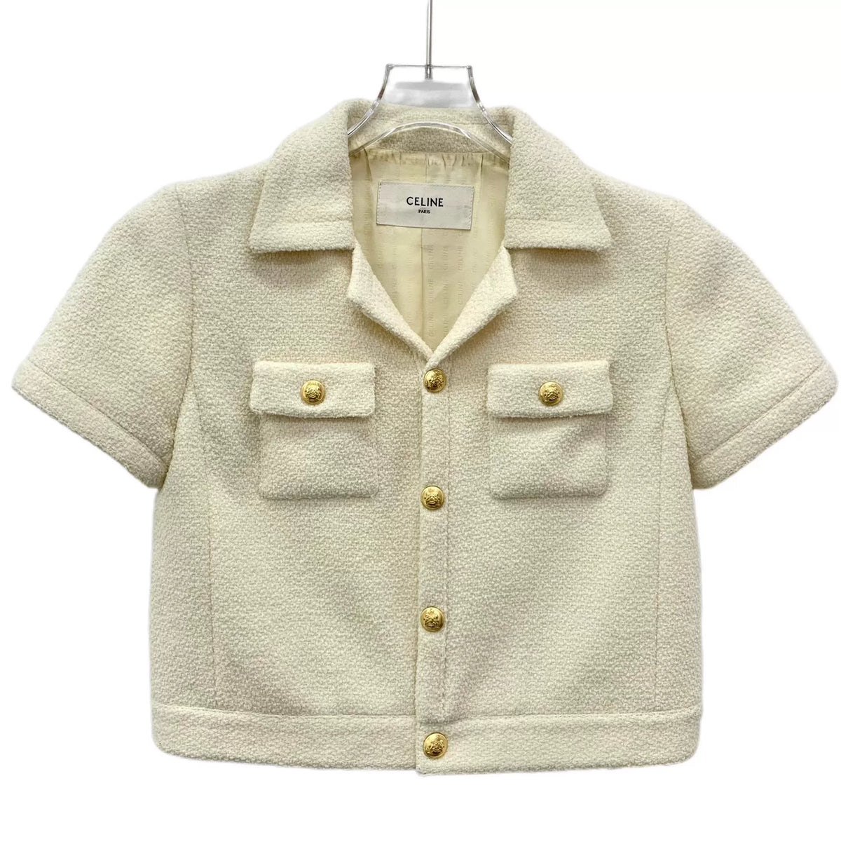 Celine Beige Gold-Button Wool Collared Single-Breasted Short Sleeve Boucle Jacket