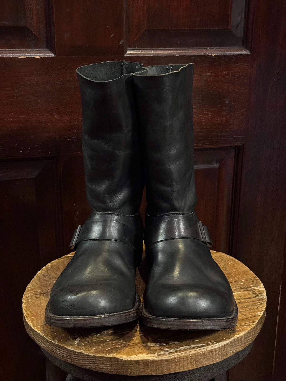 Devoa Season Black Buckle Engineer Lambskin Boots