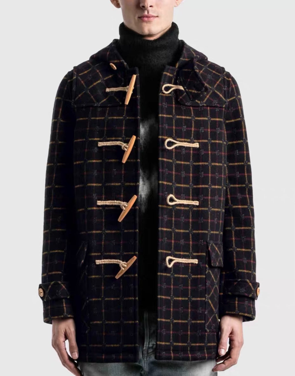 Saint Laurent Paris FW20 Plaid Horn-Button Hooded Wool Coat