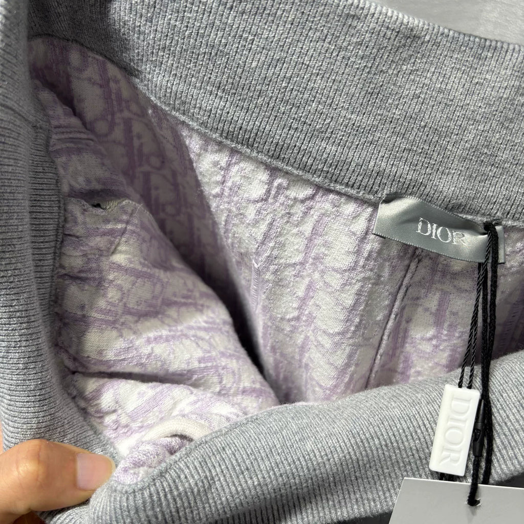 Dior Grey All-Over Print Lining Embroidered Logo Elastic Hem Zip-Up Cotton Cashmere Trousers